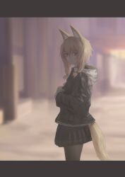 Rule 34 | 1girl, animal ear fluff, animal ears, black jacket, black pantyhose, black skirt, blonde hair, blurry, blurry background, closed mouth, fox ears, fox girl, fox tail, hood, hood down, hooded jacket, jacket, letterboxed, long sleeves, looking at viewer, nito (nshtntr), original, pantyhose, short hair with long locks, skirt, solo, tail