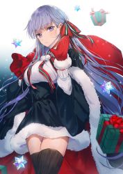 Rule 34 | 1girl, bb (fate), bb (fate/extra), black thighhighs, blush, breasts, cloak, craft essence (fate), dangmill, fate/grand order, fate (series), fur-trimmed cloak, fur-trimmed gloves, fur-trimmed mittens, fur-trimmed skirt, fur trim, gift, gloves, hair ribbon, hand up, high-waist skirt, highres, holding, holding sack, large breasts, long hair, looking at viewer, mittens, purple eyes, purple hair, red gloves, red mittens, red ribbon, ribbon, sack, skirt, smile, solo, sweater, thighhighs, thighs, very long hair, white sweater