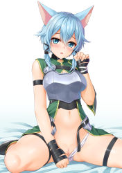 Rule 34 | 1girl, absurdres, animal ears, armor, blue eyes, blue hair, blush, cat ears, censored, clothes pull, commentary, denhijou niki, english commentary, highres, long hair, mixed-language commentary, mosaic censoring, navel, panties, panty pull, parted lips, paw pose, pointless censoring, pussy, short hair, shorts, simple background, sinon, sitting, solo, sword art online, twintails, underwear, wariza, white background, white panties