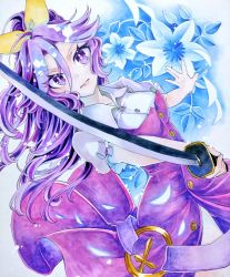 Rule 34 | 1girl, belt, blue flower, chaka3464, closed mouth, collarbone, dress, flower, hair between eyes, hair ribbon, holding, holding sword, holding weapon, long hair, looking at viewer, ponytail, purple eyes, purple hair, red dress, ribbon, solo, sword, touhou, traditional media, watatsuki no yorihime, weapon