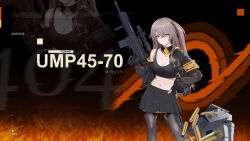 Rule 34 | .45-70, 1girl, 404 (girls&#039; frontline), absurdres, ammunition, armband, armor-piercing ammunition, black crop top, black gloves, black jacket, black pantyhose, black skirt, breasts, brown hair, bullet, cleavage, cowboy shot, crop top, girls&#039; frontline, gloves, gun, hair between eyes, hand on own hip, hand up, highres, holding, holding gun, holding weapon, hollow-point bullet, jacket, long hair, looking at viewer, medium breasts, navel, one side up, open clothes, open jacket, pantyhose, partially fingerless gloves, pleated skirt, rifle, rifle cartridge, scar, scar across eye, scope, second-party source, shuten (project sky), skirt, trigger discipline, ump45 (girls&#039; frontline), weapon, weapon name, yellow armband, yellow eyes, zoom layer