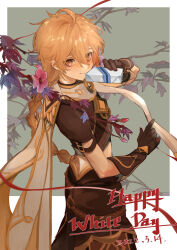 Rule 34 | 1boy, aether (genshin impact), ahoge, arm armor, black gloves, blonde hair, border, box, braid, branch, brown pants, brown shirt, closed mouth, dated, english text, flower, genshin impact, gift, gift box, gloves, green background, hair between eyes, hands up, holding, holding box, kizuku vii, leaf, long hair, looking at viewer, male focus, orange eyes, outside border, pants, pink flower, scarf, shirt, short sleeves, smile, solo, standing, thread, white border, white day, white scarf