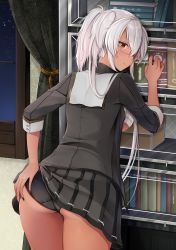 Rule 34 | 1girl, absurdres, alternate costume, ass, black jacket, black nails, black panties, black skirt, bookshelf, breasts, closed mouth, clothes lift, cowboy shot, dark-skinned female, dark skin, from behind, glasses, hand on own ass, highres, indoors, jacket, jewelry, kantai collection, large breasts, leaning forward, lifting own clothes, long hair, looking at viewer, looking back, musashi (kancolle), musashi kai ni (kancolle), nail polish, night, panties, pleated skirt, red eyes, ring, sailor collar, sarashi, school uniform, serafuku, silver hair, skirt, skirt lift, solo, standing, twintails, underboob, underwear, very long hair, wedding band, window, yunamaro