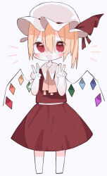 Rule 34 | 1girl, ascot, blonde hair, blush, cowboy shot, crystal, double v, fang, flandre scarlet, hat, hat ribbon, highres, medium hair, mob cap, nacht musik, open mouth, red eyes, red ribbon, ribbon, simple background, solo, touhou, v, wings, yellow ascot