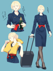 Rule 34 | 1girl, air france, alternate costume, badge, black footwear, black pantyhose, blonde hair, blue background, blue dress, blue eyes, bottle, champagne bottle, champagne flute, commentary request, cup, dress, drinking glass, employee uniform, flight attendant, hair between eyes, high heels, highres, kantai collection, life vest, long hair, luggage, mole, mole under eye, mole under mouth, multiple views, narrow waist, pantyhose, pumps, richelieu (kancolle), rolling suitcase, shingyou (alexander-13), simple background, suitcase, translation request, travel attendant, uniform, upper body