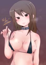 Rule 34 | 1girl, animal collar, artist name, bikini, black bikini, blue collar, blush, breasts, brown eyes, brown hair, cleavage, closed mouth, collar, commentary request, english text, girls und panzer, halterneck, highres, itsumip, long hair, looking at viewer, medium breasts, mika (girls und panzer), milestone celebration, no headwear, signature, smile, solo, steam, string bikini, sweat, swimsuit, thank you, untied bikini, upper body