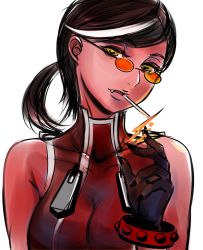 Rule 34 | 1girl, bare shoulders, black hair, black nails, blazblue, breasts, cigarette, colored skin, early type, eyelashes, fang, female focus, fire, gender request, genderswap, glasses, head tilt, highres, iron tager, multicolored hair, nail polish, pince-nez, red skin, short ponytail, sleeveless, smoking, solo, streaked hair, studded bracelet, sunglasses, two-tone hair, upper body, white background, white hair, yellow eyes, zipper