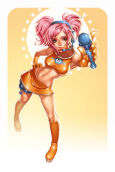Rule 34 | 1girl, blue eyes, boots, crop top, elbow gloves, emily warren, female focus, gloves, hand on own hip, headset, hip focus, knee boots, microphone, midriff, miniskirt, narrow waist, pink hair, sega, short twintails, skirt, solo, space channel 5, thigh strap, twintails, ulala