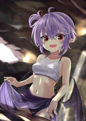 Rule 34 | 1girl, akisome hatsuka, bat wings, blurry, blurry background, breasts, clothes lift, commentary request, fang, lifted by self, looking at viewer, low wings, medium breasts, navel, one side up, open mouth, pointy ears, purple hair, red eyes, remilia scarlet, short hair, solo, touhou, wings