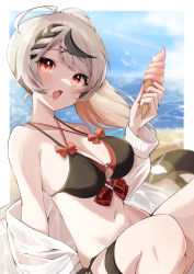 Rule 34 | 1girl, absurdres, ahoge, armpits, beach, bikini, black bikini, black hair, blue sky, blurry, blurry background, braid, breasts, cleavage, cloud, commentary, day, eat some cookie, english commentary, fang, fingernails, food, highres, hololive, ice cream, ice cream cone, jacket, looking at viewer, medium breasts, multicolored hair, nail polish, navel, ocean, open mouth, outdoors, red eyes, red nails, sakamata chloe, sitting, skin fang, sky, streaked hair, summer, swimsuit, virtual youtuber, white hair, white jacket