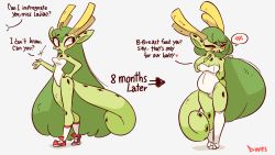 Rule 34 | 1girl, alternate hairstyle, animal ears, arrow (symbol), bare shoulders, before and after, black shorts, blush, breast expansion, breasts, cleavage, colored skin, cowlick, diives, dragon, dragon girl, dragon horns, dragon tail, eastern dragon, embarrassed, english text, green hair, green skin, hairband, highres, horns, impregnation, large breasts, large ears, legs together, long hair, long tail, one-piece swimsuit, original, ponytail, pregnant, shoes, short eyebrows, shorts, shy, simple background, sneakers, socks, swimsuit, tail, thick eyebrows, tsundere, white background, white hairband, white one-piece swimsuit, wide hips, yellow horns