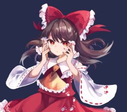 Rule 34 | 1girl, ascot, black background, bow, bright pupils, brown hair, commentary, hair bow, hair tubes, hakurei reimu, looking at viewer, medium hair, mirimo, paw print, red bow, red nails, red skirt, red vest, sidelocks, simple background, skirt, solo, touhou, vest, white pupils, yellow ascot, yellow skirt