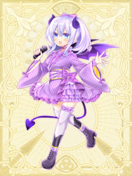 Rule 34 | 1girl, :d, black footwear, blue eyes, boots, bow, copyright request, curled horns, demon girl, demon horns, demon tail, demon wings, frilled kimono, frilled thighhighs, frills, full body, hair between eyes, hair bow, high heel boots, high heels, holding, holding microphone, horns, japanese clothes, kimono, long hair, long sleeves, looking at viewer, microphone, obi, open mouth, pink bow, plaid, plaid kimono, ponytail, purple hair, purple kimono, purple wings, sash, shikito (yawa0w0), smile, solo, standing, standing on one leg, tail, thighhighs, thighhighs under boots, white thighhighs, wide sleeves, wings