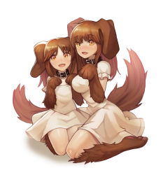 Rule 34 | 2girls, :d, absurdres, animal collar, animal ears, animal hands, black collar, blush, breasts, brown fur, brown hair, collar, commission, dog ears, dog girl, dog paws, dog tail, dress, flat chest, highres, kobold (monster girl encyclopedia), looking at viewer, medium breasts, monster girl, monster girl encyclopedia, monster girl encyclopedia ii, mother and daughter, multiple girls, open mouth, paw pose, seiza, simple background, sitting, smile, sookmo, tail, white background, white dress, yellow eyes