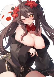 Rule 34 | 1girl, ;o, ahoge, alternate breast size, bare shoulders, black nails, black shorts, blush, breasts, brown hair, brown jacket, brown shorts, chinese clothes, commentary, detached collar, fang, flower, flower-shaped pupils, genshin impact, ghost, hair between eyes, hair flower, hair ornament, highres, hu tao (genshin impact), jacket, jewelry, large breasts, long hair, long sleeves, multiple rings, nahaki, nail polish, nipples, no bra, off shoulder, one eye closed, open mouth, parted lips, plum blossoms, red eyes, red flower, ring, short shorts, shorts, sidelocks, signature, simple background, symbol-shaped pupils, twintails, white background, wide sleeves