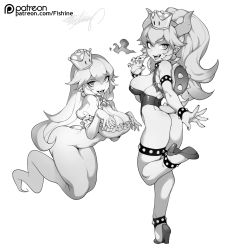 Rule 34 | 2girls, ass, bare shoulders, bowsette, bracelet, breasts, cleavage, collar, crown, dress, elbow gloves, fingernails, fishine, from behind, ghost, gloves, greyscale, hair between eyes, hand up, high heels, highres, horns, jewelry, large breasts, leotard, lizard tail, long dress, looking at viewer, luigi&#039;s mansion, mario (series), monochrome, multiple girls, nail polish, new super mario bros. u deluxe, nintendo, patreon username, pointy ears, ponytail, princess king boo, puffy short sleeves, puffy sleeves, pumps, short sleeves, signature, simple background, smile, spiked anklet, spiked bracelet, spiked collar, spikes, standing, standing on one leg, super crown, tail, tongue, tongue out, white background
