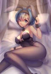Rule 34 | 10s, 1girl, animal ears, ass, bare shoulders, bed, black bow, black leotard, blue eyes, blue hair, bow, breasts, closed mouth, covered navel, curtains, detached collar, fake animal ears, hair between eyes, hair ornament, hair over one eye, hand on own ear, highleg, highleg leotard, highres, hip focus, john 117, large breasts, leotard, looking at viewer, lying, on bed, on side, pantyhose, pillow, playboy bunny, rabbit ears, rabbit tail, re:zero kara hajimeru isekai seikatsu, rem (re:zero), short hair, solo, strapless, strapless leotard, tail, wrist cuffs, x hair ornament