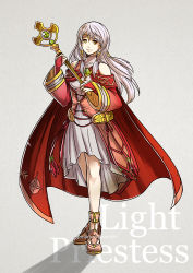 Rule 34 | 1girl, bad id, bad tumblr id, cape, dress, elbow gloves, fire emblem, fire emblem: radiant dawn, gloves, grey background, gzei, long hair, looking at viewer, micaiah (fire emblem), nintendo, simple background, smile, solo, white hair, yellow eyes