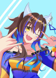 Rule 34 | 1girl, \m/, absurdres, animal ears, bead bracelet, beads, blue background, blue shirt, blush, bracelet, breasts, brown hair, daitaku helios (umamusume), double \m/, ear covers, fang, hair ornament, hairclip, hands up, highres, horse ears, horse girl, jewelry, long hair, looking at viewer, multicolored hair, necklace, newon, off-shoulder shirt, off shoulder, one eye closed, open mouth, shirt, side ponytail, small breasts, solo, tied shirt, two-tone hair, umamusume, upper body, v-shaped eyebrows, yellow eyes