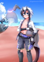 Rule 34 | 1boy, absurdres, animal, artist name, beach, belt, black hair, black shorts, blue sky, blush, carrying, carrying under arm, claws, closed mouth, cloud, collarbone, commentary request, cowboy shot, day, dolphin, dragon boy, dragon horns, dragon tail, energy sword, g (genesis1556), gun, hair between eyes, highres, holding, holding animal, horns, jacket, lightsaber, looking at viewer, machine gun, male focus, monster boy, mouth hold, multicolored hair, navel, ocean, open clothes, open jacket, orca, original, outdoors, punching, purple belt, rapid punches, rio (g (genesis1556)), scales, shadow, shark, shorts, sidelocks, sky, solo focus, standing, stomach, sword, tail, two-tone hair, weapon, whale, what, white hair, white jacket