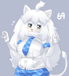 Rule 34 | 1girl, :3, ahoge, animal ear fluff, animal ears, blue necktie, blue skirt, blush, breasts, buttons, claw pose, colored skin, commentary request, cowboy shot, elbow gloves, fang, furrification, furry, furry female, gloves, grey background, grey eyes, heart, highres, kemono friends, large breasts, lets0020, lion ears, lion girl, lion tail, long hair, looking at viewer, medium bangs, necktie, numbered, open mouth, plaid, plaid necktie, plaid skirt, pleated skirt, shirt, simple background, skirt, smile, solo, tail, very long hair, white gloves, white hair, white lion (kemono friends), white shirt, white skin