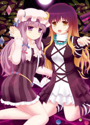 Rule 34 | 2girls, bad id, bad pixiv id, blonde hair, bow, cpu (hexivision), crescent, crescent hair ornament, gradient hair, hair bow, hair ornament, hat, hijiri byakuren, jewelry, long hair, multicolored hair, multiple girls, necklace, open mouth, patchouli knowledge, purple eyes, purple hair, touhou, yellow eyes