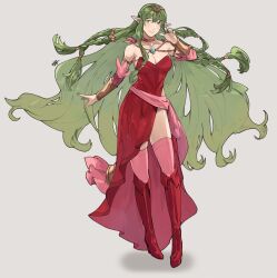 Rule 34 | 1girl, absurdres, alternate costume, alternate hair length, alternate hairstyle, blush, boots, bracelet, breasts, cleavage, closed mouth, commentary, dragonstone, dress, english commentary, fire emblem, fire emblem awakening, full body, green eyes, green hair, grey background, hair between eyes, hair ornament, highres, jewelry, long hair, looking at viewer, medium breasts, nintendo, pointy ears, red dress, red footwear, sakuremi, shadow, side slit, signature, simple background, smile, solo, strapless, strapless dress, tiki (adult) (fire emblem), tiki (fire emblem), very long hair