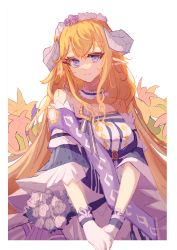 Rule 34 | 1girl, absurdres, alexm09, arknights, bare shoulders, blonde hair, dress, head wreath, highres, horns, long hair, looking at viewer, off-shoulder dress, off shoulder, official alternate costume, own hands together, purple eyes, saileach (appreciate fragrance) (arknights), saileach (arknights), smile, solo, upper body, v arms, very long hair, white background, white dress