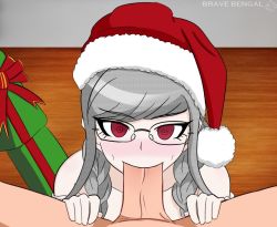 Rule 34 | 1boy, 1girl, artist logo, artist name, blush, bow, braid, braided ponytail, bravebengal, christmas, christmas present, collarbone, cosplay, danganronpa (series), danganronpa 2: goodbye despair, danganronpa v3: killing harmony, ears, erection, eyelashes, fellatio, gift, glasses, hands on another&#039;s thighs, hands on thighs, hat, hetero, looking at viewer, nose, oral, pekoyama peko, pekoyama peko (cosplay), penis, pov, pov crotch, red bow, red eyes, santa hat, shiny skin, shirogane tsumugi, signature, simple background, solo focus, twin braids, uncensored, wooden floor, wrapping paper