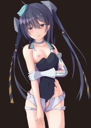 Rule 34 | 1girl, 7shina esprmo, aqua hat, black one-piece swimsuit, black ribbon, competition swimsuit, covered navel, garrison cap, gloves, grey eyes, grey hair, hair ornament, hat, highleg, highleg swimsuit, kantai collection, long hair, nipples, one-piece swimsuit, one breast out, ribbon, scamp (kancolle), short shorts, shorts, side ponytail, solo, star (symbol), star hair ornament, swimsuit, torn clothes, torn gloves, torn swimsuit, white gloves, white shorts