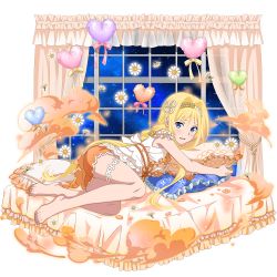 Rule 34 | 1girl, alice zuberg, ass, barefoot, blonde hair, blue eyes, daisy, artistic error, feet, flower, frilled pillow, frills, full body, hair intakes, hair ribbon, heart, highres, long hair, looking at viewer, lying, nail polish, official art, on bed, on side, orange ribbon, orange shorts, pillow, pink nails, pink ribbon, ribbon, shirt, short shorts, shorts, sky, sleeveless, sleeveless shirt, solo, sparkle, star (sky), starry sky, sword art online, sword art online: alicization, thigh strap, toenail polish, toenails, toes, transparent background, very long hair, white ribbon, white shirt, yellow ribbon