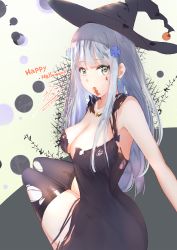 Rule 34 | 1girl, black dress, blue hair, breasts, candy, dress, earrings, food, girls&#039; frontline, green eyes, halloween, happy halloween, hat, highres, hk416 (girls&#039; frontline), jewelry, large breasts, long hair, looking at viewer, necklace, simple background, sitting, solo, star (symbol), star necklace, teratsuki, thighhighs, tight clothes, torn clothes, torn thighhighs, witch, witch hat