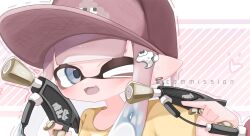 Rule 34 | 1girl, baseball cap, blue eyes, commentary, commission, dual wielding, gun, hat, heart, highres, holding, holding gun, holding weapon, inkling, inkling girl, inkling player character, nintendo, one eye closed, pointy ears, red headwear, ryme spla, shirt, splat dualies (splatoon), splatoon (series), splatoon 2, upper body, watermark, weapon, yellow shirt