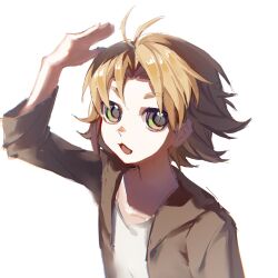 Rule 34 | 1boy, :3, antenna hair, arm up, brown jacket, chinese commentary, commentary request, green eyes, highres, jacket, light brown hair, light particles, long sleeves, male focus, open clothes, open jacket, open mouth, parted bangs, saibou shinkyoku, shinano eiji, shirt, short hair, simple background, solo, tian lailailai, white background, white shirt