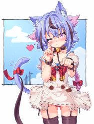 Rule 34 | 1other, :3, absurdres, androgynous, animal ears, bell, blue hair, blue sky, blush, cat ears, cat tail, cloud, collar, commentary, cowboy shot, dress, etogami kazuya, garter straps, gluteal fold, gradient hair, gynoid talk, hair flaps, highres, holding, holding leash, leash, looking at viewer, meika mikoto, multicolored hair, nail polish, neck bell, neck ribbon, one eye closed, panties, pantyshot, paw pose, pink eyes, pink hair, red nails, red panties, red ribbon, ribbon, sailor collar, skindentation, sky, smile, solo, standing, tail, tail ornament, tail ribbon, underwear, utility pole, vocaloid, white collar, white dress, wrist straps