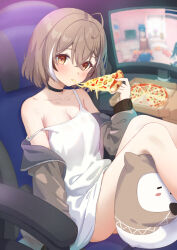 1girl ahoge alternate_costume black_choker blush braid braided_bangs breasts brown_eyes brown_hair chahanramen cheese cheese_trail choker cleavage cool_mita_(miside) crossed_bangs double-parted_bangs dress eating food food_in_mouth hair_between_eyes highres holding holding_food holding_pizza hololive hololive_english hooman_(nanashi_mumei) jacket knees_up livestream looking_at_viewer medium_breasts miside mita_(miside) monitor multicolored_hair nanashi_mumei off_shoulder on_chair open_clothes open_jacket ouro_kronii pizza pizza_slice revision short_hair sitting solo strap_slip streaked_hair virtual_youtuber white_dress