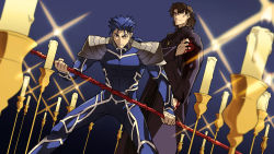 Rule 34 | 2boys, blood, blue hair, brown hair, candle, cross, cross necklace, cu chulainn (fate), earrings, fate/stay night, fate (series), gae bolg (fate), hand on own chest, jewelry, kon manatsu, kotomine kirei, cu chulainn (fate/stay night), long hair, male focus, multiple boys, necklace, polearm, ponytail, red eyes, sexy44, spear, weapon