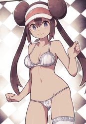Rule 34 | 1girl, blue eyes, bow, bow panties, bra, breasts, breasts apart, brown hair, closed mouth, collarbone, creatures (company), double bun, game freak, hair bun, highres, lamb-oic029, looking at viewer, medium breasts, navel, nintendo, outline, panties, pokemon, rosa (pokemon), sidelocks, single thighhigh, smile, solo, thighhighs, twintails, underwear, visor cap, white bra, white outline, white panties, white thighhighs