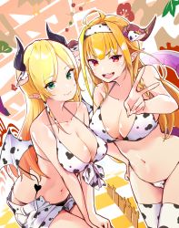 Rule 34 | 2girls, ahoge, alternate costume, animal ears, animal print, bare shoulders, bikini, black panties, blonde hair, blunt bangs, blush, braid, breast press, breasts, chinese zodiac, collarbone, commentary request, cow ears, cow print, demon girl, demon horns, demon wings, dragon girl, dragon horns, dragon tail, eyes visible through hair, fake animal ears, front-tie bikini top, front-tie top, green eyes, hair ornament, hairband, hand on own hip, highres, hololive, horns, kiryu coco, large breasts, long hair, multicolored hair, multiple girls, navel, new year, open clothes, open mouth, open shorts, orange hair, panties, panty straps, pointy ears, red eyes, scales, short shorts, shorts, single braid, smile, streaked hair, swimsuit, tail, thighhighs, underwear, v, v arms, virtual youtuber, wings, year of the ox, yuyaiyaui, yuzuki choco