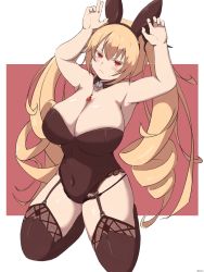 Rule 34 | 1006kbps, 1girl, absurdres, alternate costume, animal ears, azur lane, blonde hair, breasts, brown garter belt, brown leotard, brown thighhighs, cleavage, detached collar, drill hair, fake animal ears, garter belt, garter belt under leotard, gem, highres, huge breasts, kneeling, leotard, long hair, looking away, nelson (azur lane), playboy bunny, rabbit ears, red background, red eyes, red gemstone, sideways glance, solo, thighhighs, twintails, two-tone background, very long hair, white background