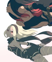 Rule 34 | 2girls, bare shoulders, belt, black hair, black scarf, blonde hair, chest tattoo, closed eyes, closed mouth, clothing cutout, crow (gravity daze), dark-skinned female, dark skin, detached sleeves, flying, gem, gradient background, gravity daze, gravity daze 2, hairband, highres, kitten (gravity daze), long hair, looking at another, multicolored hair, multiple girls, navel, navel cutout, red eyes, red hair, saitou shunsuke, scarf, smile, tattoo