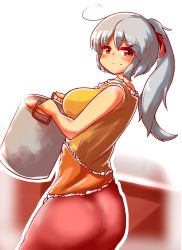 Rule 34 | 1girl, alternate hairstyle, ass, bare arms, blush, breasts, commentary request, cowboy shot, dress, enostal, from side, grey hair, hair ornament, hair ribbon, hairclip, highres, holding, holding pot, large breasts, layered dress, leaning back, long hair, looking at viewer, looking back, parted bangs, ponytail, pot, red background, red eyes, ribbon, sakata nemuno, sleeveless, sleeveless dress, smile, solo, standing, touhou, two-tone background, white background