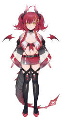 Rule 34 | 1girl, ahoge, bare shoulders, belt, belt buckle, black belt, black jacket, black thighhighs, breasts, buckle, commentary request, crescent, crescent hair ornament, curled horns, demon girl, demon horns, demon tail, demon wings, detached wings, full body, hair ornament, highres, horns, jacket, long sleeves, machi (7769), mini wings, multicolored hair, navel, neckerchief, off shoulder, orange hair, original, red footwear, red hair, red neckerchief, red skirt, red wings, see-through, see-through sleeves, shoes, simple background, skirt, sleeves past wrists, small breasts, solo, standing, streaked hair, tail, thighhighs, virtual youtuber, white background, wide sleeves, wings