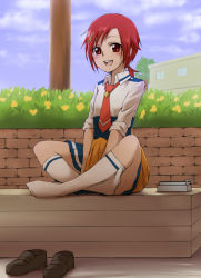 Rule 34 | 10s, 1girl, :d, bad id, bad pixiv id, bento, blush, cloud, day, eyelashes, feet, hair ornament, hairclip, hino akane (smile precure!), indian style, kneehighs, loafers, necktie, no shoes, ogry ching, open mouth, ponytail, precure, red eyes, red hair, school uniform, shoes, unworn shoes, sitting, sky, sleeves rolled up, smile, smile precure!, socks, solo, volternative