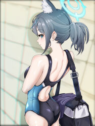 Rule 34 | 1girl, absurdres, animal ear fluff, animal ears, ass, bag, black one-piece swimsuit, blue archive, blue eyes, breasts, competition swimsuit, cross hair ornament, extra ears, from behind, grey hair, hair ornament, halo, highres, looking at viewer, looking back, low ponytail, medium breasts, medium hair, mismatched pupils, multicolored clothes, multicolored swimsuit, official alternate costume, one-piece swimsuit, shiroko (blue archive), shiroko (swimsuit) (blue archive), solo, swimsuit, wolf ears, wujack2211