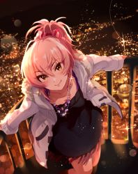 Rule 34 | 1girl, anaroguya, bare legs, black dress, bow, city, city lights, coat, commentary, dress, earrings, fur trim, hair bow, highres, idolmaster, idolmaster cinderella girls, jewelry, jougasaki mika, leaning forward, long hair, long sleeves, looking at viewer, necklace, night, outdoors, pink hair, ponytail, railing, smile, solo, sparkle background, striped, striped bow, white coat, yellow eyes