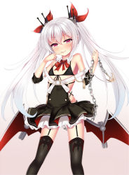 Rule 34 | 1girl, azur lane, bare shoulders, bat wings, belt, belt buckle, bikini, bikini top only, black bikini, black dress, black thighhighs, blush, bow, breasts, brown background, buckle, chain, collar, commentary request, covered erect nipples, detached collar, dress, fang, finger to mouth, front-tie bikini top, front-tie top, gradient background, hair between eyes, hands up, head tilt, highres, holding, long hair, low wings, parted lips, puririn, red bow, red eyes, red wings, silver hair, small breasts, smile, solo, swimsuit, thighhighs, twintails, vampire (azur lane), very long hair, white background, white belt, white collar, wing collar, wings