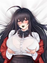 Rule 34 | 1girl, ahoge, alternate costume, azur lane, bed sheet, black bow, black bowtie, black bra, black hair, black skirt, blush, bow, bowtie, bra, bra visible through clothes, breasts, chinese commentary, closed mouth, collared shirt, condom, condom in mouth, condom wrapper, cropped, crossed bangs, dakimakura (medium), deep skin, dress shirt, eyelashes, from above, grabbing, grabbing another&#039;s breast, grabbing own breast, hair between eyes, jacket, large breasts, long hair, long sleeves, looking at viewer, lying, maskwolf, mouth hold, off shoulder, on back, open clothes, open jacket, pleated skirt, red eyes, red jacket, sample watermark, school uniform, see-through, shirt, shirt tucked in, skirt, smile, solo, taihou (azur lane), taihou (sweet time after school) (azur lane), underwear, upper body, watermark, white shirt, wing collar