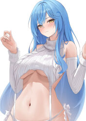 Rule 34 | 1girl, bare shoulders, blue hair, blush, breasts, commentary, detached sleeves, haro art, highres, hololive, large breasts, long hair, looking at viewer, meme attire, navel, panties, ribbed sleeves, ribbed sweater, side-tie panties, simple background, sleeveless, sleeveless turtleneck, solo, stomach, sweater, turtleneck, turtleneck sweater, underboob, underwear, upper body, very long hair, virgin destroyer sweater, virtual youtuber, white background, white panties, white sleeves, yellow eyes, yukihana lamy