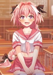 Rule 34 | 1boy, astolfo (fate), astolfo (sailor paladin) (fate), bad id, bad twitter id, blush, braid, classroom, crossdressing, desk, fate/grand order, fate (series), hair intakes, hair ribbon, highres, kurono kito, male focus, navel, official alternate costume, on desk, open mouth, pink hair, purple eyes, ribbon, school, school desk, school uniform, serafuku, single braid, sitting, solo, thighhighs, trap